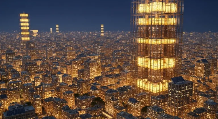 Ejecutivo supervisando ciudad del futuro desde mirador con red de IA visible en los edificios al atardecer
