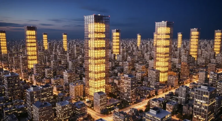 Vista aérea de ciudad inteligente con flujos de datos azules entre edificios y chip de IA central iluminado de noche