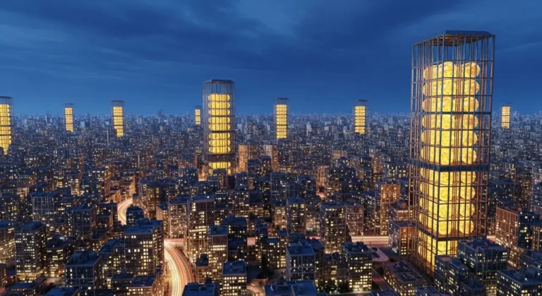Skyline futurista de ciudad mexicana al amanecer con nodos de inteligencia artificial conectando rascacielos modernos