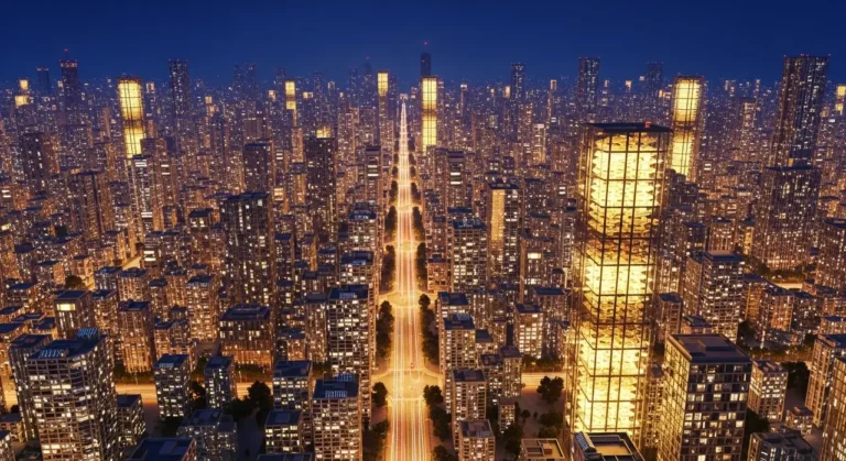 Ejecutivo supervisando ciudad del futuro desde mirador con red de IA visible en los edificios al atardecer