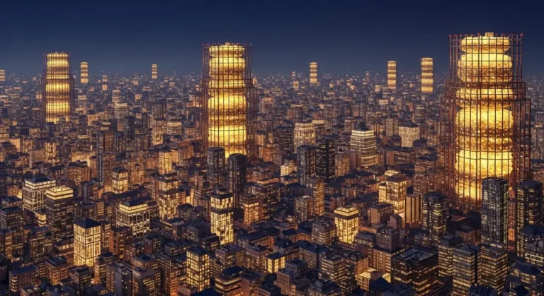 Vista aérea de ciudad inteligente con flujos de datos azules entre edificios y chip de IA central iluminado de noche