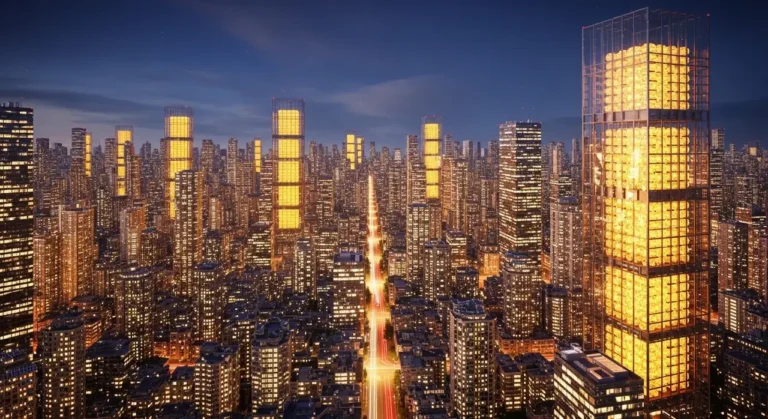 Skyline futurista de ciudad mexicana al amanecer con nodos de inteligencia artificial conectando rascacielos modernos