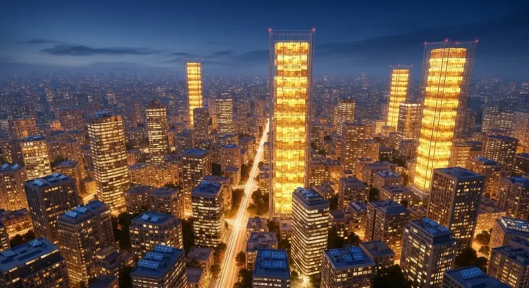 Ejecutivo supervisando ciudad del futuro desde mirador con red de IA visible en los edificios al atardecer