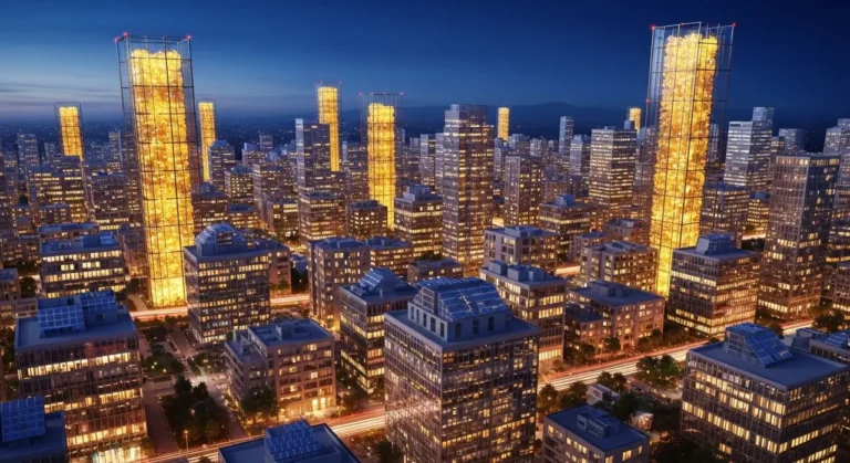Skyline futurista de ciudad mexicana al amanecer con nodos de inteligencia artificial conectando rascacielos modernos