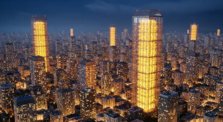 Vista aérea de ciudad inteligente con flujos de datos azules entre edificios y chip de IA central iluminado de noche