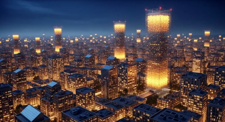 Skyline futurista de ciudad mexicana al amanecer con nodos de inteligencia artificial conectando rascacielos modernos