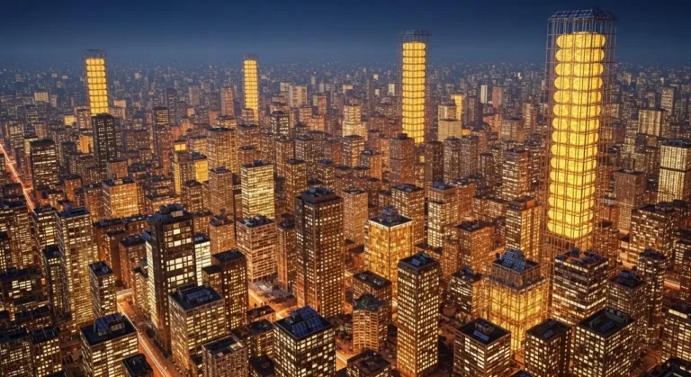 Ejecutivo supervisando ciudad del futuro desde mirador con red de IA visible en los edificios al atardecer