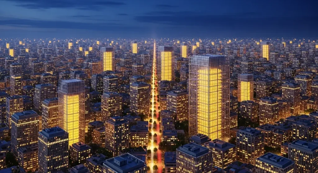 Vista aérea de ciudad inteligente con flujos de datos azules entre edificios y chip de IA central iluminado de noche