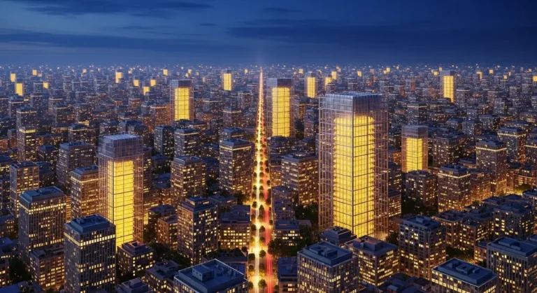 Vista aérea de ciudad inteligente con flujos de datos azules entre edificios y chip de IA central iluminado de noche