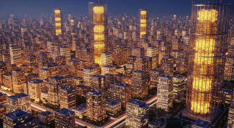 Ejecutivo supervisando ciudad del futuro desde mirador con red de IA visible en los edificios al atardecer
