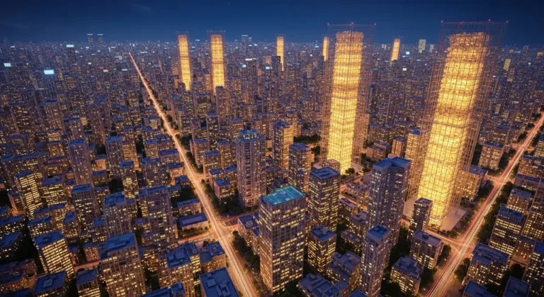 Vista aérea de ciudad inteligente con flujos de datos azules entre edificios y chip de IA central iluminado de noche