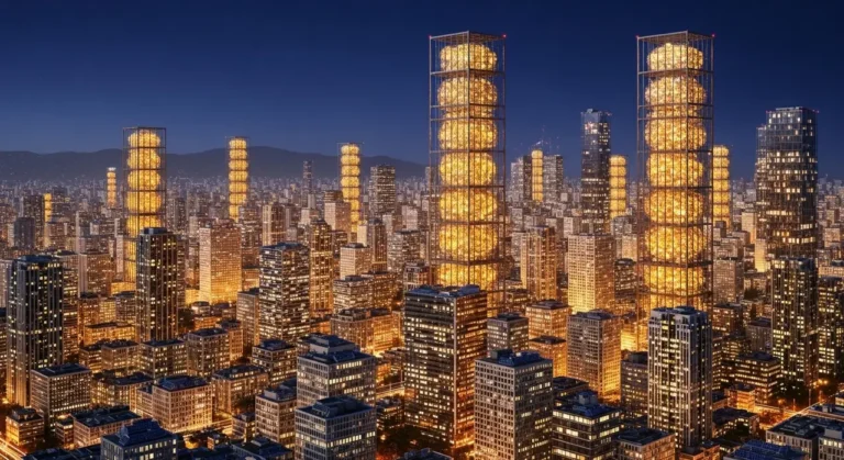 Vista aérea de ciudad inteligente con flujos de datos azules entre edificios y chip de IA central iluminado de noche