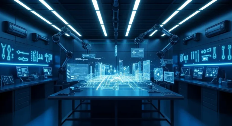 Laboratorio de innovación con robótica avanzada e IA generando modelos holográficos de componentes técnicos