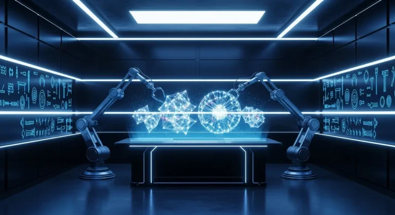 Taller futurista azul con múltiples brazos robóticos manipulando objetos holográficos en wireframe sobre mesa de trabajo digital