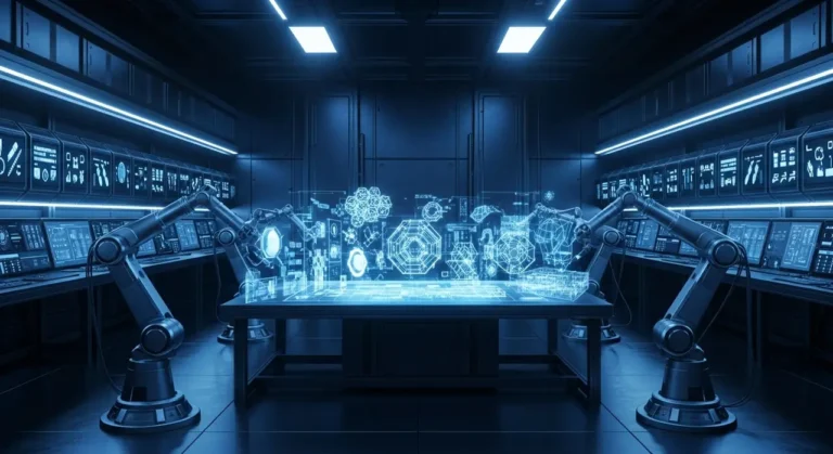 Workshop tecnológico del futuro con brazos robóticos inteligentes y diseños holográficos proyectados