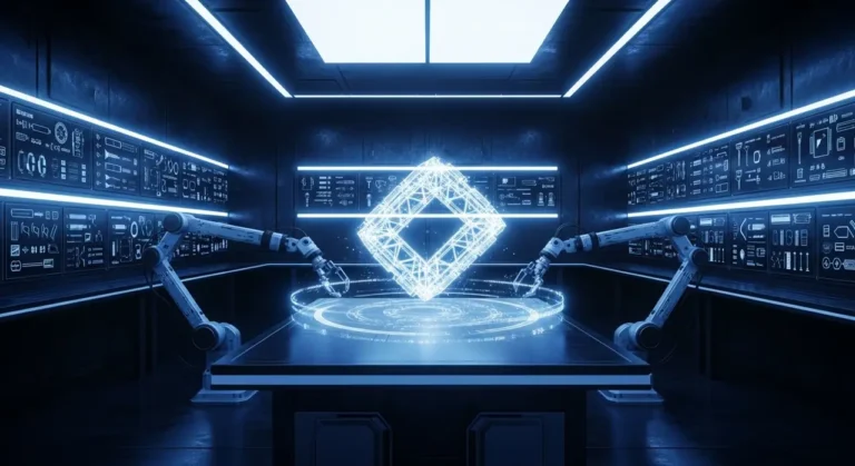 Taller futurista azul con múltiples brazos robóticos manipulando objetos holográficos en wireframe sobre mesa de trabajo digital