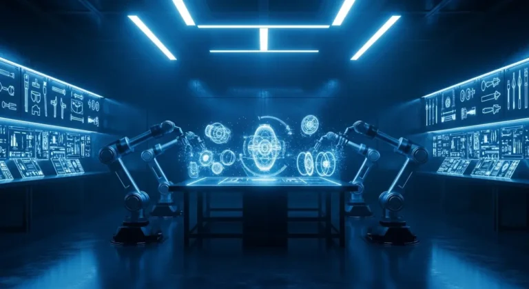 Laboratorio de innovación con robótica avanzada e IA generando modelos holográficos de componentes técnicos