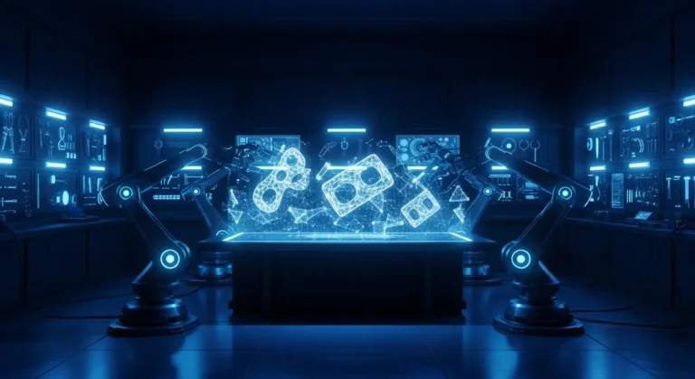Workshop tecnológico del futuro con brazos robóticos inteligentes y diseños holográficos proyectados
