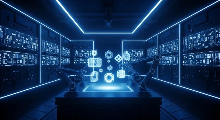 Taller futurista azul con múltiples brazos robóticos manipulando objetos holográficos en wireframe sobre mesa de trabajo digital