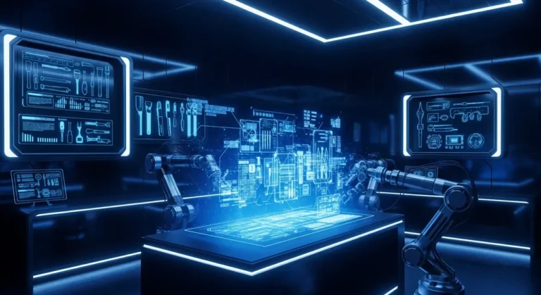 Laboratorio de innovación con robótica avanzada e IA generando modelos holográficos de componentes técnicos