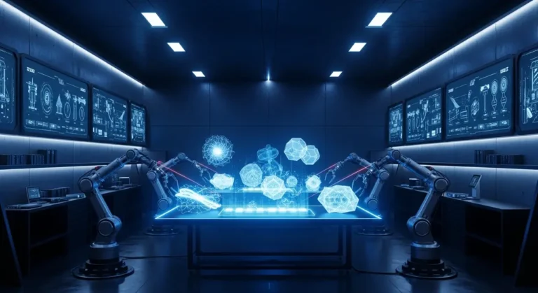 Laboratorio de innovación con robótica avanzada e IA generando modelos holográficos de componentes técnicos