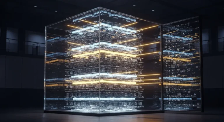 Edificio gubernamental futurista al atardecer con proyecciones holográficas de datos y servicios de IA