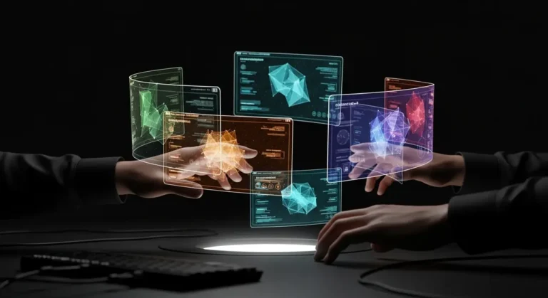 Manos humanas interactuando con múltiples paneles holográficos flotantes que muestran visualizaciones de datos de inteligencia artificial en colores rosa, teal y morado