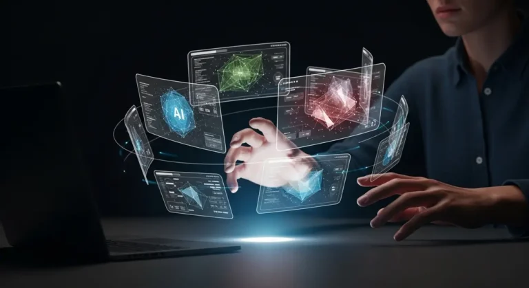 Interfaz holográfica de IA: persona controlando con las manos paneles de datos 3D que flotan sobre escritorio luminoso en oficina oscura