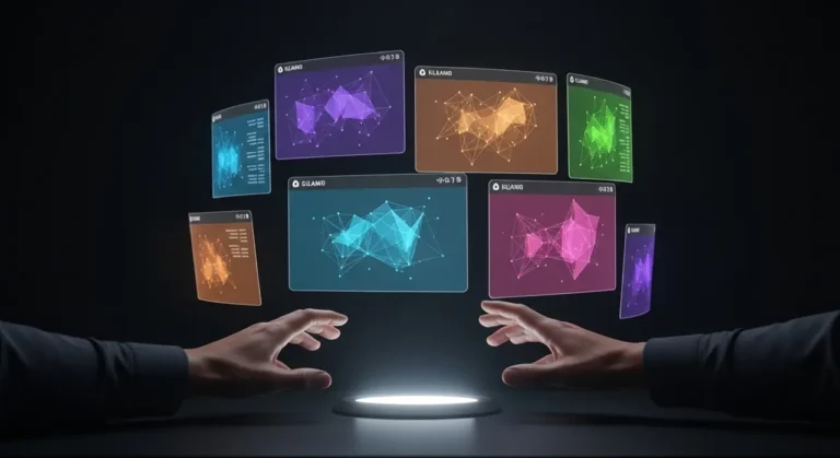 La interfaz del futuro: manos gestuales controlando datos y análisis de IA en paneles holográficos multicolor