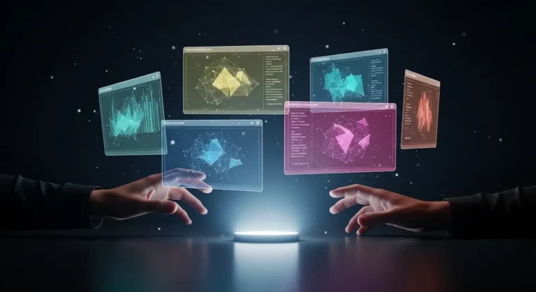 Manos humanas interactuando con múltiples paneles holográficos flotantes que muestran visualizaciones de datos de inteligencia artificial en colores rosa, teal y morado