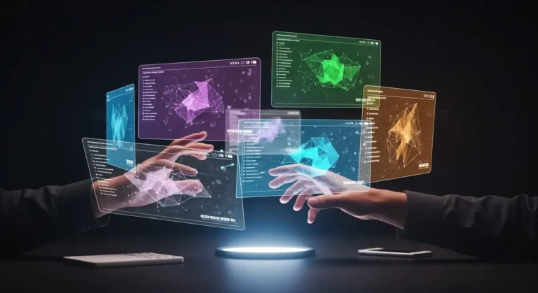 Interfaz holográfica de IA: persona controlando con las manos paneles de datos 3D que flotan sobre escritorio luminoso en oficina oscura