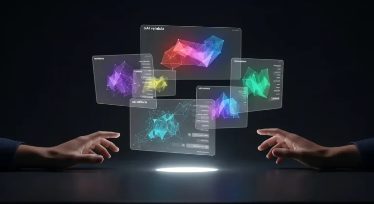 La interfaz del futuro: manos gestuales controlando datos y análisis de IA en paneles holográficos multicolor