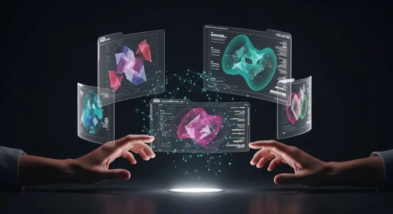 Manos humanas interactuando con múltiples paneles holográficos flotantes que muestran visualizaciones de datos de inteligencia artificial en colores rosa, teal y morado
