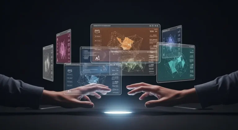 La interfaz del futuro: manos gestuales controlando datos y análisis de IA en paneles holográficos multicolor