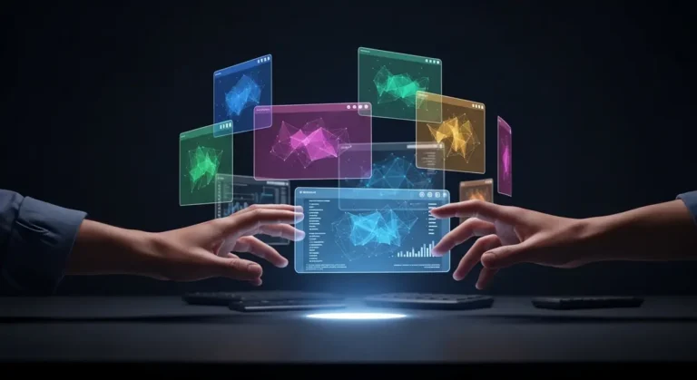 Manos humanas interactuando con múltiples paneles holográficos flotantes que muestran visualizaciones de datos de inteligencia artificial en colores rosa, teal y morado