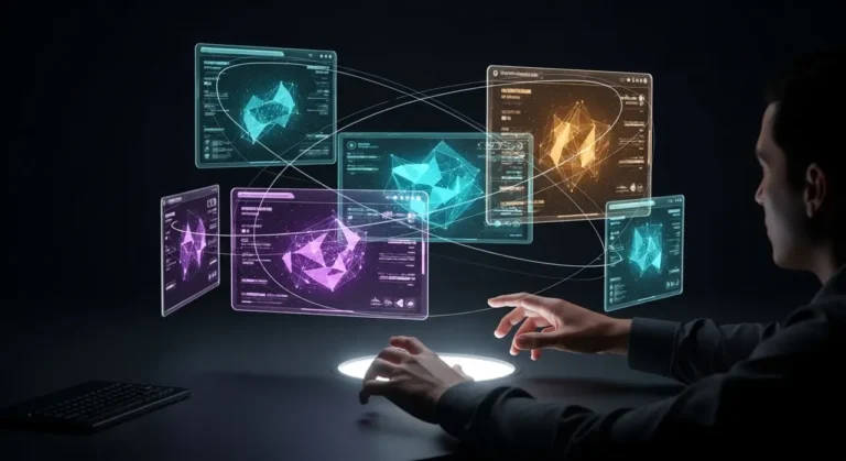 Interfaz holográfica de IA: persona controlando con las manos paneles de datos 3D que flotan sobre escritorio luminoso en oficina oscura