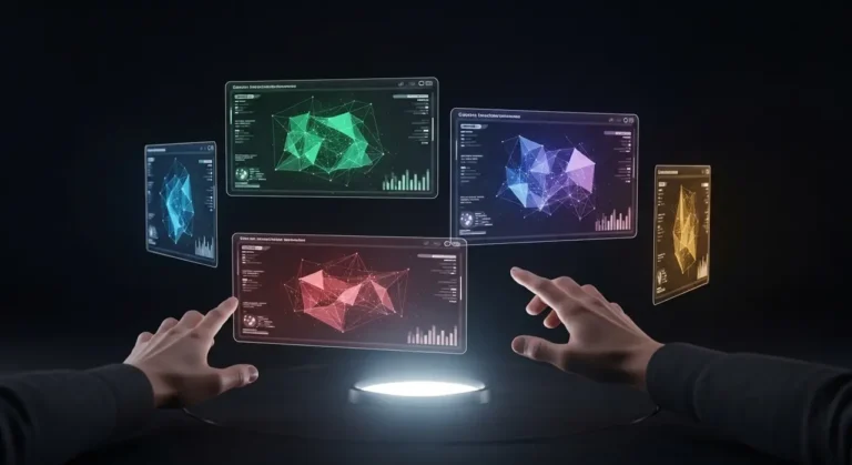 La interfaz del futuro: manos gestuales controlando datos y análisis de IA en paneles holográficos multicolor
