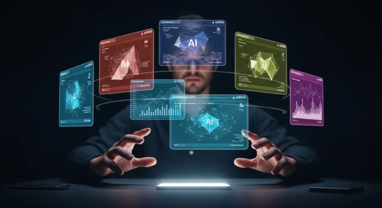Manos humanas interactuando con múltiples paneles holográficos flotantes que muestran visualizaciones de datos de inteligencia artificial en colores rosa, teal y morado
