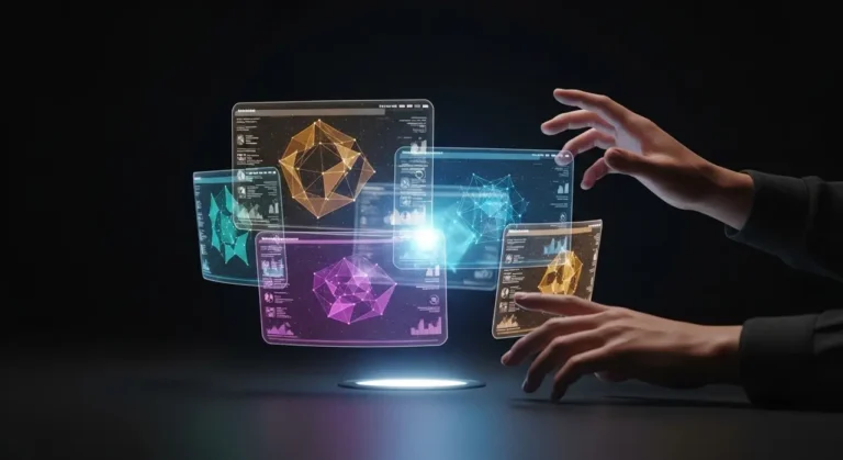 Interfaz holográfica de IA: persona controlando con las manos paneles de datos 3D que flotan sobre escritorio luminoso en oficina oscura