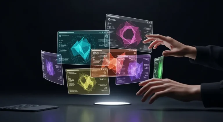La interfaz del futuro: manos gestuales controlando datos y análisis de IA en paneles holográficos multicolor