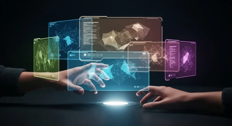 Interfaz holográfica de IA: persona controlando con las manos paneles de datos 3D que flotan sobre escritorio luminoso en oficina oscura