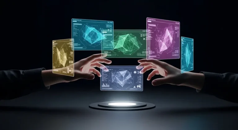 La interfaz del futuro: manos gestuales controlando datos y análisis de IA en paneles holográficos multicolor