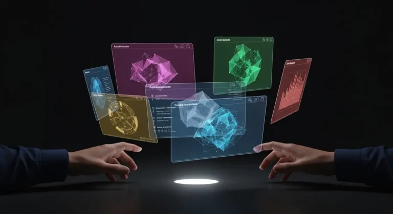 Manos humanas interactuando con múltiples paneles holográficos flotantes que muestran visualizaciones de datos de inteligencia artificial en colores rosa, teal y morado