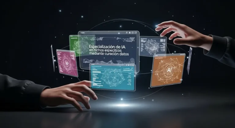 Manos humanas interactuando con múltiples paneles holográficos flotantes que muestran visualizaciones de datos de inteligencia artificial en colores rosa, teal y morado