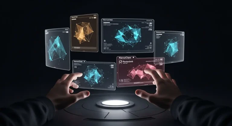 La interfaz del futuro: manos gestuales controlando datos y análisis de IA en paneles holográficos multicolor