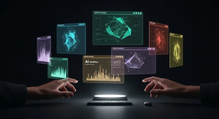Manos humanas interactuando con múltiples paneles holográficos flotantes que muestran visualizaciones de datos de inteligencia artificial en colores rosa, teal y morado