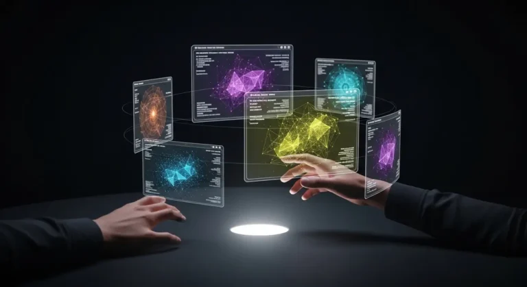 Representación conceptual de inteligencia artificial con elementos tecnológicos y datos digitales sobre fondo oscuro