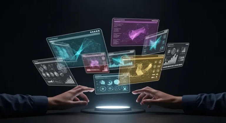 Representación conceptual de inteligencia artificial con elementos tecnológicos y datos digitales sobre fondo oscuro