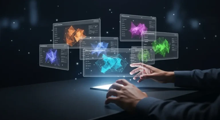 Tecnología de inteligencia artificial avanzada visualizada con elementos digitales y flujos de información