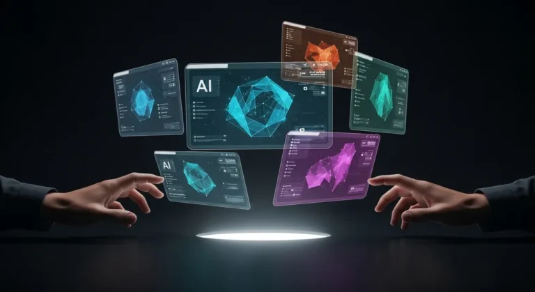 Representación conceptual de inteligencia artificial con elementos tecnológicos y datos digitales sobre fondo oscuro